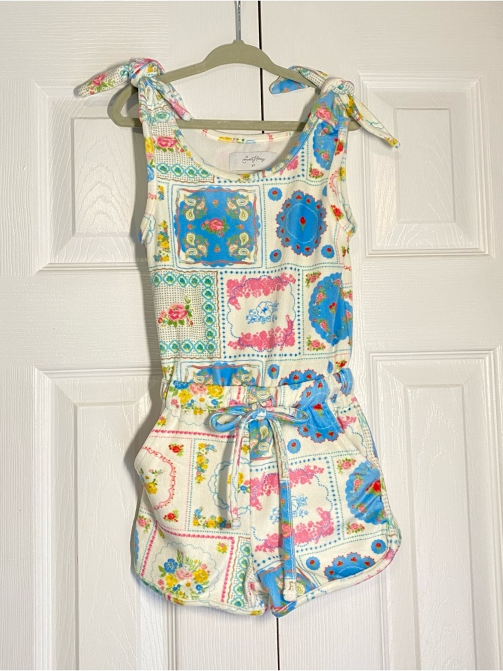 SweetHoney Romper with Blue and Pink Floral Patchwork Shoulder Ties 3T